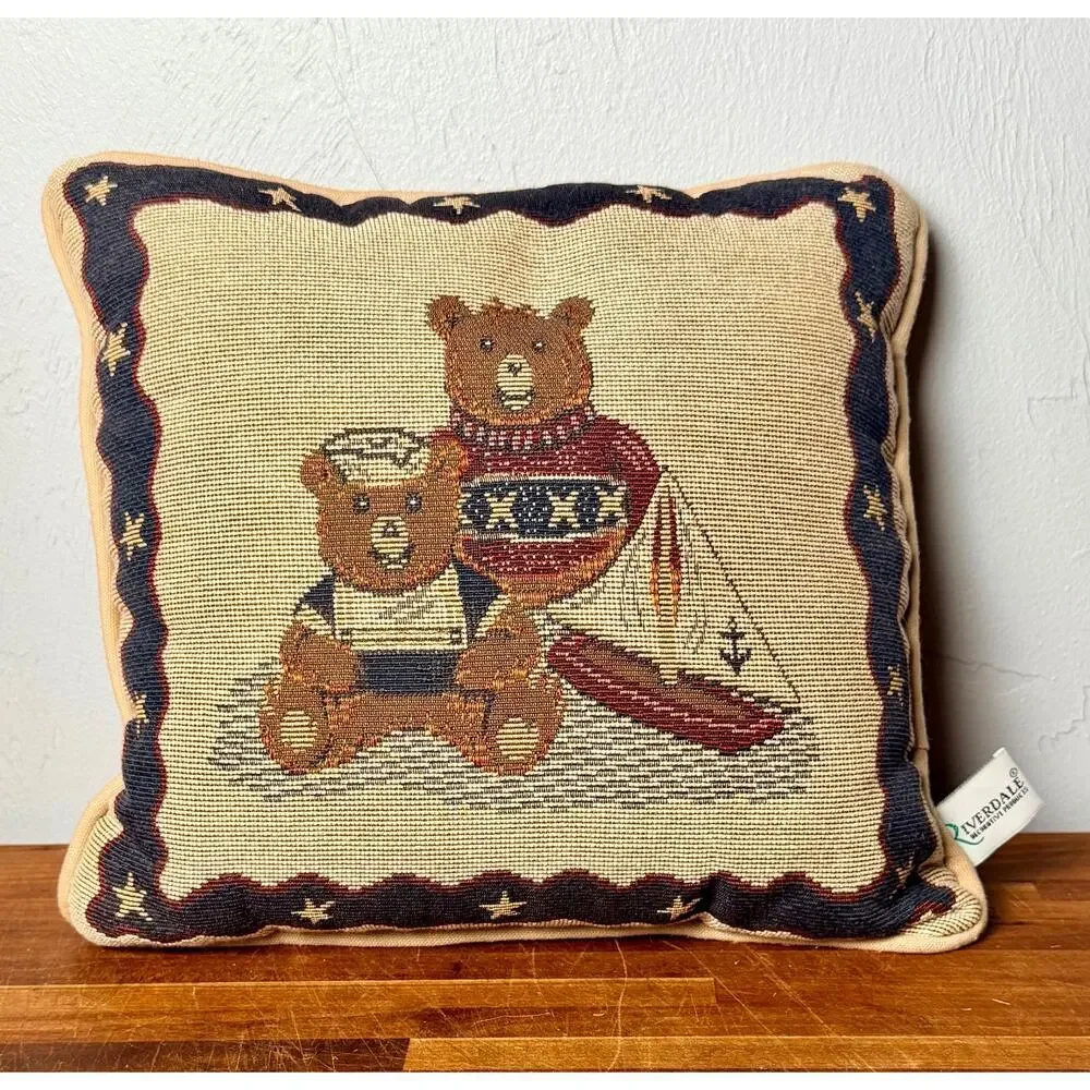 Vintage Riverdale Teddy Bear Tapestry Pillow Nautical Sailboat Americana Coastal